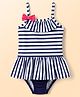 Babyhug Water Repellent Sleeveless Striped V Cut Swimsuit With Bow Applique - Navy Blue