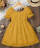 The Kids Club Cotton Woven Half Puffed Sleeves Floral Designed Schiffli Embroidered Dress - Mustard