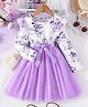 The Kids Club Cotton Blend Knit Full Sleeves Floral Printed & Bow Applique Detailed Dress - Purple