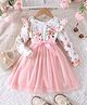 The Kids Club Cotton Blend Knit Full Sleeves Floral Printed & Bow Applique Detailed Dress - Peach