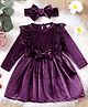 The Kids Club Tere Wool Woven Full Sleeves Floral Design Lace Embellished & Bow Applique Detailed Dress - Wine