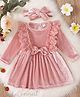 The Kids Club Tere Wool Woven Full Sleeves Floral Design Lace Embellished & Bow Applique Detailed Dress - Peach