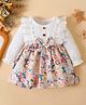 The Kids Club Cotton Blend Knit Full Sleeves Ruffle & Bow Applique Detailed Floral Printed Dress - Multi Colour