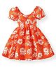 The Kids Club Cotton Rayon Woven Half Puffed Sleeves Floral Printed Dress - Orange
