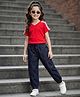 OLLINGTON ST. Cotton Knit Half Sleeves Rib Top & Stretchable Denim Culotte Set - Red & Indigo