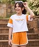 Pine Kids Cotton Knit Half Sleeves Text Printed Top & Shorts Set - White & Orange