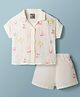 Little Kangaroos Cotton Woven Half Sleeves Top & Shorts Set With Fruit & Boat Embroidery - Offwhite