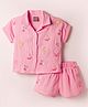 Little Kangaroos Cotton Woven Half Sleeves Top & Shorts Set With Fruit & Boat Embroidery - Pink