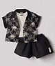 Little Kangaroos Cotton Woven Half Sleeves Top & Shorts With T-Shirt & Floral Embroidery - Black