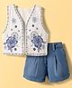 Little Kangaroos Cotton Woven Sleeveless Top & Shorts Set with Floral Embroidery - Light Blue