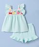 Little Kangaroos Cotton Woven Sleeveless Top & Shorts Set With Crochet - Aqua Blue