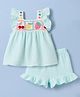 Little Kangaroos Cotton Woven Sleeveless Top & Shorts Set With Crochet - Aqua Blue