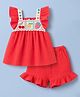 Little Kangaroos Cotton Woven Sleeveless Top & Shorts Set With Embroidery - Coral