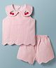 Little Kangaroos Cotton Woven Sleeveless Peter Pan Collared Top & Shorts With Cherry Embroidery - Pink