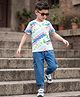 OLLINGTON ST. Cotton Knit Half Sleeve Text Printed T-Shirt & Denim Joggers - Multicolour & Blue