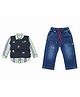 CRUNCHY NACHOS Knitted  Full Sleeves Striped Shirt & Pant With Zebras Embroidered Vest - Seaweed Green
