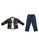 CRUNCHY NACHOS Knitted Knit Dads Little Dude Text Printed Tee & Jeans Set With Full Sleeves Checked Shirt - Olive Green