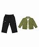 CRUNCHY NACHOS Cotton Blend Knit Full Sleeves Solid Jacket With Striped Tee & Pants Set - Light Olive Green