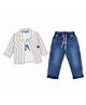 CRUNCHY NACHOS Knitted Full Sleeves Striped Shirt Monkey Text Printed Tee & Trouser Set - Deep Blue