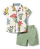 WOW Clothes Cotton Woven Half Sleeves Shirt & Shorts Set with Jungle Print & Inner Tee - Green