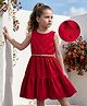 Hola Bonita Cotton Woven Sleeveless Schiffli Dress With Belt - Red