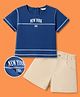 OLLINGTON ST. Sinker Knit Woven Half Sleeves Top & Shorts With Text Print - Blue & Beige