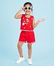 Kiddopanti Rayon Woven Sleeveless RicRac Lace Detailed Floral Printed Top & Shorts Set - Red