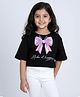 Kiddopanti Cotton Knit Beads Embellished Bow Applique Detailed Crop Tee  - Black
