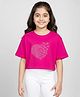 Kiddopanti Cotton Knit Drop Shoulder Stone Embellished Heart Designed Crop Tee - Fuchsia Pink