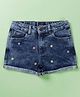 Kiddopanti Denim Woven Floral Beads Embellished Shorts - Medium Rag Wash Blue