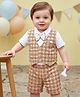 Babyoye 100% Cotton Knit Half Sleeves Checks Party Shirt & Shorts Set With Attached Waistcoat & Bow - Beige & White
