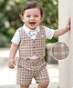 Babyoye 100% Cotton Knit Half Sleeves Checks Party Shirt & Shorts Set With Attached Waistcoat & Bow - Beige & White