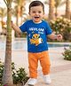 Doodle Poodle 100% Cotton Knit Half Sleeves Animal & Aeroplane Printed T-Shirt & Trouser Set - Royal Blue & Orange