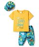 Dapper Dudes Knit Half Sleeves Text Printed T-Shirt & Lounge Pant Set with Cap - Blue & Yellow