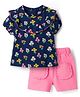 Babyhug Cotton Knit Half Sleeves Floral Printed Top & Shorts Set - Navy Blue & Pink