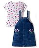 Babyhug Woven Denim Frock & Half Sleeves Inner Tee With Floral Print & Embroidery - Blue