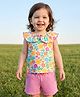 Babyhug Single Jersey Knit Frill Sleeves Top & Shorts Set with Floral Print & Bow Applique - Pink