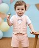 Babyoye 100% Cotton Knit Half Sleeves Striped Party Shirt & Shorts Set with Attached Waistcoat & Bow - Pink