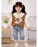 Little Surprise Box Blended Woven Full Sleeves Floral Applique Detailed Tee & Jeans With Sweater Set - Brown