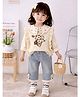 Little Surprise Box Blended Knit Full Sleeves Floral Designed Winter Tee & Pant Set With Sweater - Cream