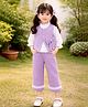 Little Surprise Box Blended Woven Full Sleeves Solid Top & Pant With Bow Applique Detailed Jacket Set - Purple