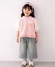 Little Surprise Box Blended Woven Full Puffed Sleeves Pom Pom Embellished Winter Top & Pant Set With Vest - Pink