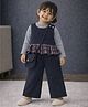 Little Surprise Box Blended Woven Checked Top & Pant With Full Sleeves Tee Set With Sling Bag - Navy Blue