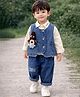 Little Surprise Box Blended Woven Full Sleeves Solid Shirt & Trouser Set With Puppy Applique Detailed Jacket - Blue