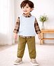 Little Surprise Box Blended Woven Full Sleeves Checked Shirt & Trouser Set With Solid Jacket - Brown