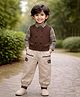Little Surprise Box Blended Woven Full Sleeves Checked Shirt & Trouser Set With Solid Jacket - Brown