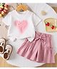 Mark & Mia Cotton Half Sleeves Top & Skirt Set With Heart Print - Pink