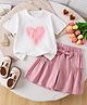 Mark & Mia Cotton Half Sleeves Top & Skirt Set With Heart Print - Pink