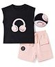 Mark & Mia Cotton Knit Sleeveless Headphones Printed T-Shirt & Shorts Sets With Pocket - Black & Pink