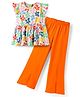 Tiara Cotton Jersey Knit Cap Sleeves Floral Printed Top & Solid Palazzo Set - Orange